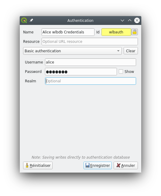 Alice's authentication configuration in QGIS using wlbauth ID